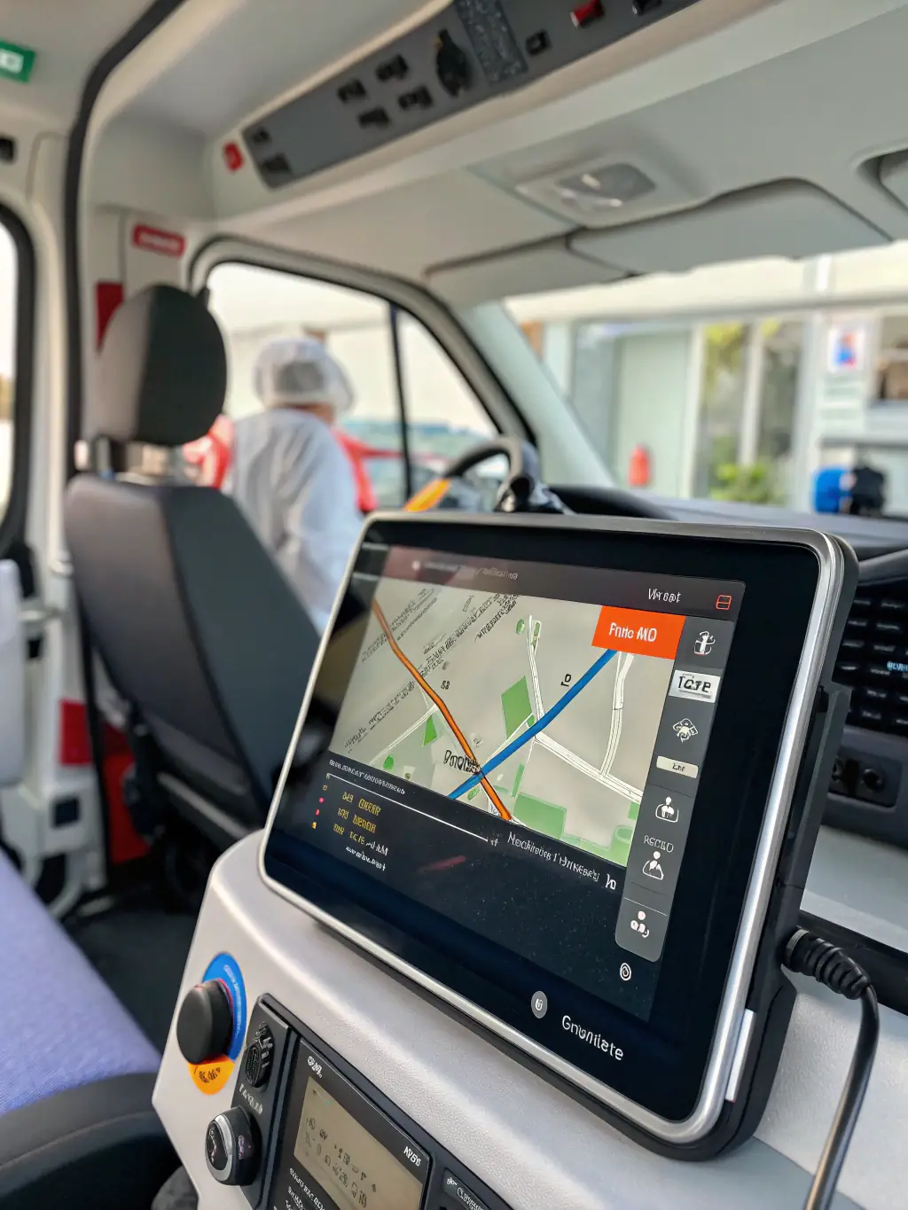 A Garmin Dezl GPS displaying parking information and rest stop locations along a German highway.